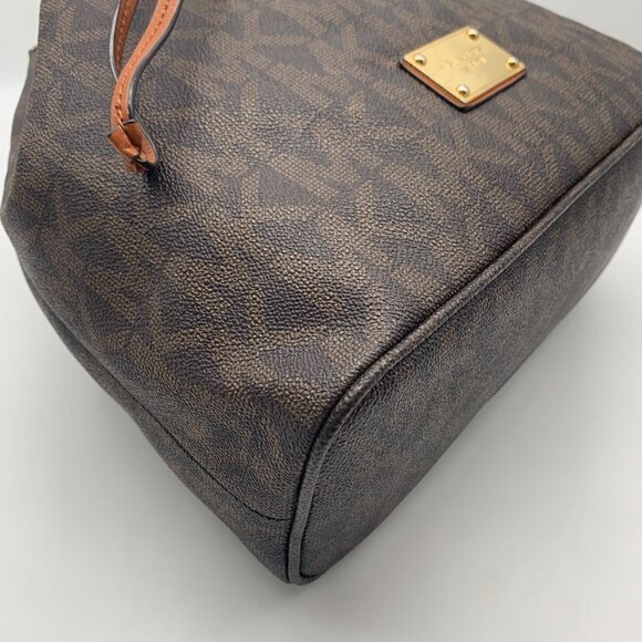 Michael Kors Dark Brown Signature Coated Canvas Jules Drawstring Shoulder Bag - Picture 7 of 11